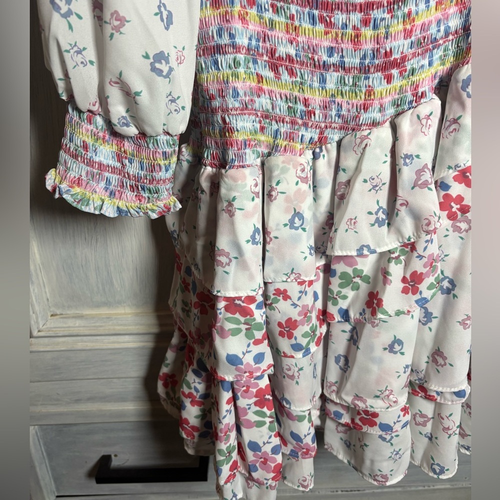 Yvonne & Love Smocked Disty Floral Asymmetric Ruffle Mini‎ Dress Flirty Dainty - Picture 5 of 9